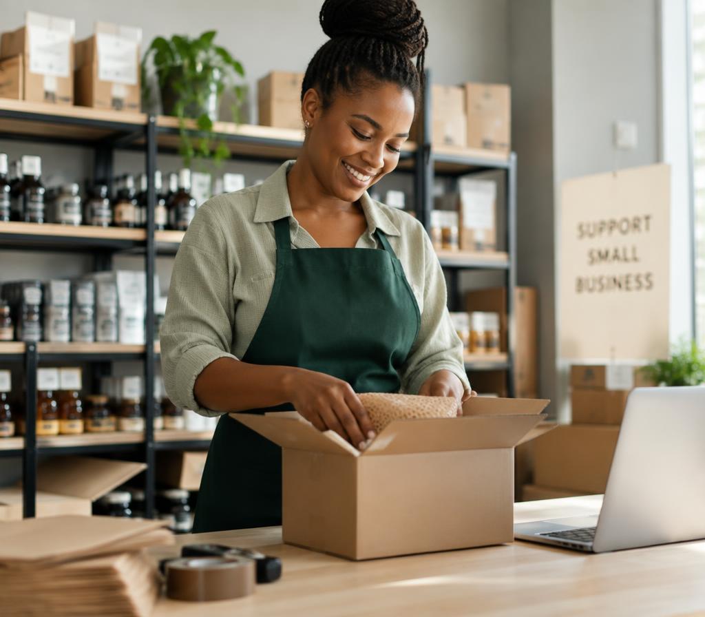 A shop owner packing an online order