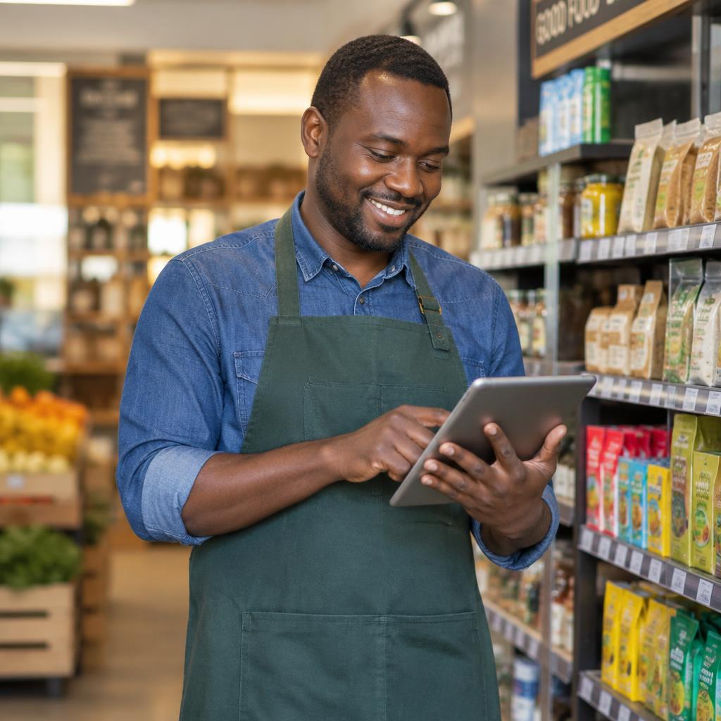 A shop owner checking stock on a tablet